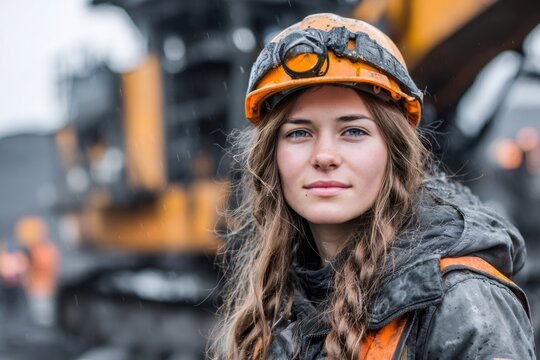 Female miner wearing hard hat working in industry
