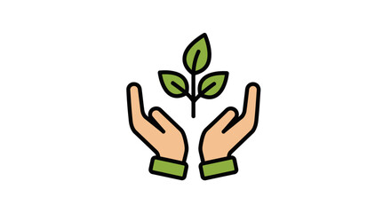 A pair of hands cradling a green plant with three leaves against a white background in a graphic illustration.