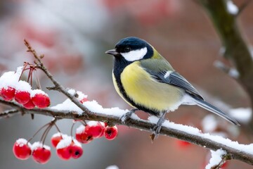 Great tit perching on snow covered berry branch in winter