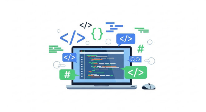 Laptop with coding symbols and programming language around it on white background for software development concept