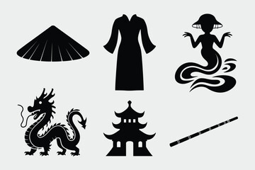 Chinese culture icon collection. Includes dragon, pagoda, conical hat, cheongsam, qilin, and flute symbols. Created in solid black style with monochromatic palette.