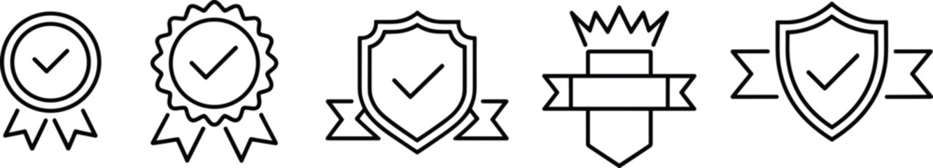 Quality assurance badge icon set with check mark shield and ribbon symbols in outline style, certification and guarantee collection for security, approval, and achievement design.