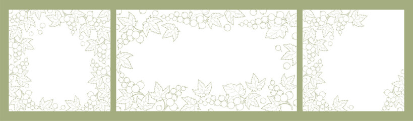 Botanical Sage Green Frame Set. Backgrounds with Branch Berries Currant Line Art. Isolated White Square and Horizontal template with Empty Copy Space. Vector illustration