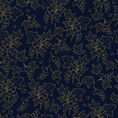 Golden Currant Line Art Seamless Pattern. Elegant Botanical Background with Luxury Berry Branches on Dark Navy Blue. Minimalist Chic Square template Ornament. Vector illustration