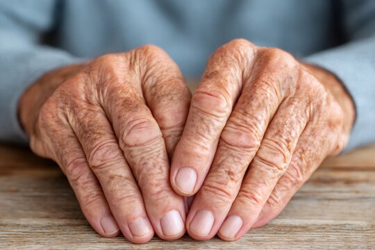 Elderly hands resting on a wooden table, representing aging and wisdom