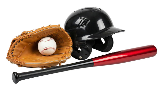 Baseball gear including glove with ball, helmet, and red bat