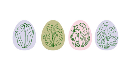 Naklejka premium Cute Easter egg designs. Traditional spring hand drawn decorations, symbols, and floral ornaments. Natural floral patterns. Flat vector illustration 