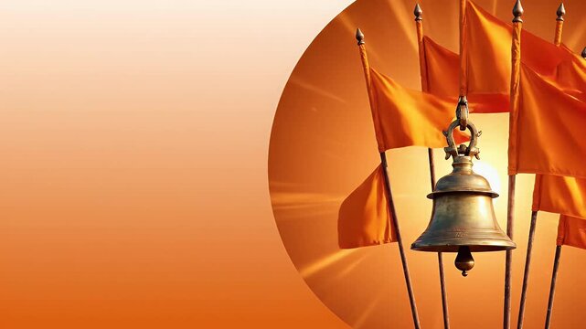 Hanuman Jayanti Festival Saffron Flags Fluttering Near Temple Bell Sunrise Gradient