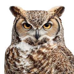Obraz premium PNG of A majestic owl with striking yellow eyes and intricate feather patterns.