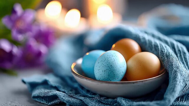 Colorful Easter eggs in a ceramic bowl on blue cloth with candles and spring flowers, soft bokeh background