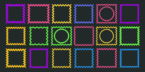 Fototapeta premium Colorful postage stamps arranged in rows on a dark background