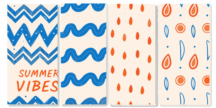 Four patterned rectangular cards with summer vibes text