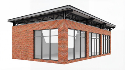 A hyper-detailed, photorealistic architectural visualization of a minimalist modern commercial structure.