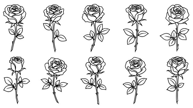 Set of ten black and white outline illustrations depicting classic single stem roses with leaves and thorns, perfect for tattoo design or coloring book pages
