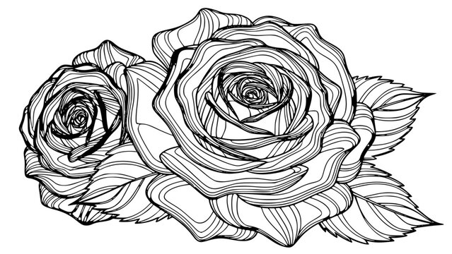 Detailed black and white line art illustration featuring two beautiful blooming roses with intricately layered petals and surrounding foliage perfect for coloring pages or graphic design projects