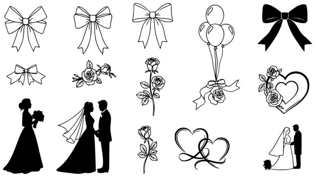 Collection of diverse black and white wedding icons featuring elegant bows, romantic roses, heart designs, balloons, and bride and groom silhouettes for crafting projects.