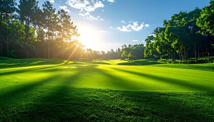 Obraz premium Sunny golf course view; green grass, trees, and sunbeams fill the frame