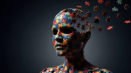 A human head formed of puzzle pieces, with some floating away against a dark backdrop