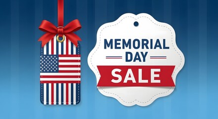 Memorial day sale tag with patriotic ornament on blue gradient background
