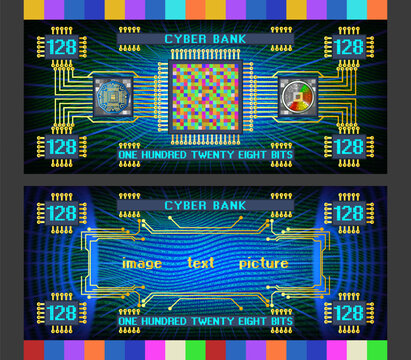 Vector obverse and reverse of futuristic abstract electronic banknote. Digital money. Cyber bank, denomination 128 bits. Bright glowing radiant screen. Graphic computer chip, pixels. Sample