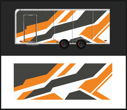 Trailer vinyl wrap design with orange black and white graphics