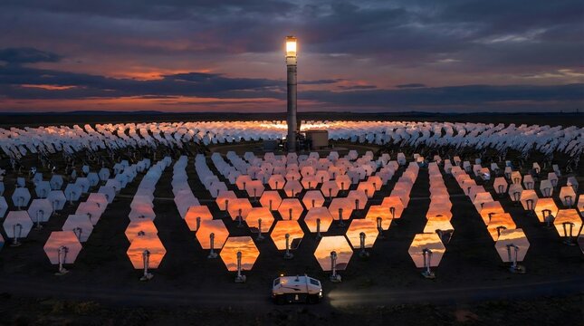 Glowing Central Tower of Concentrated Solar Power Plant at Dusk with Hexagonal Mirror Field - Innovative Renewable Energy Technology in Arid Landscape