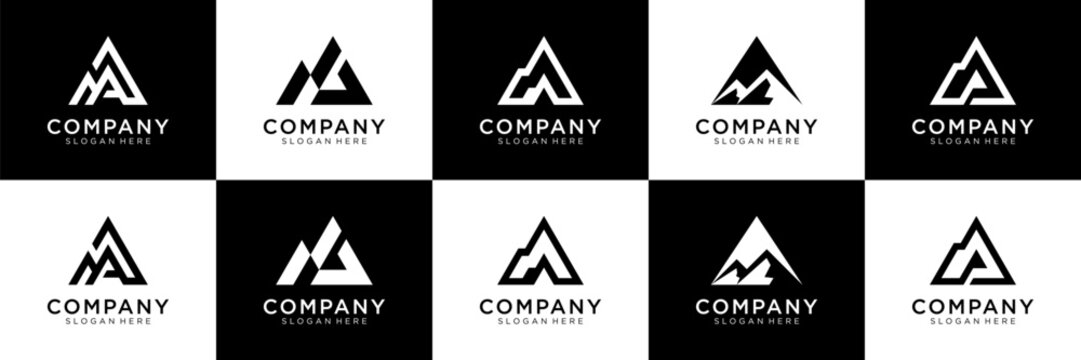 Set of mountain with letter A logo design. Universal icon for business and branding. minimalist elegant luxury design vector illustration.