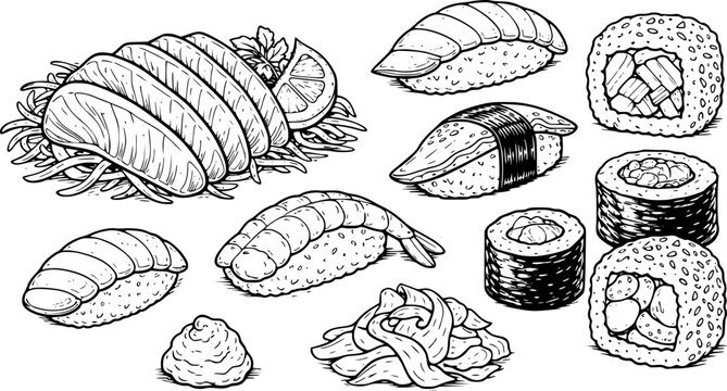 Sketch style illustration of sushi and Japanese food set. Line art collection with rolls, nigiri, noodles and wasabi, black outline design for menu, packaging and Asian restaurant visuals.