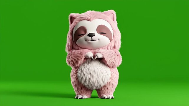 Adorable cartoon sloth character with pink fur standing on green background.