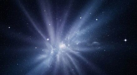 Fototapeta premium A stunning cosmic display of brilliant blue and white light rays bursting from a central star cluster into deep space.