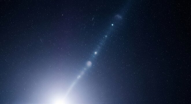 A stunning cosmic display of brilliant blue and white light rays bursting from a central star cluster into deep space.