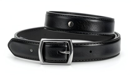 Rolled black belt with a silver buckle rests on a white surface
