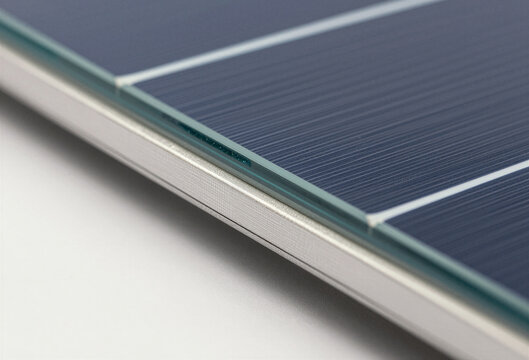 Photovoltaic glass tile edge showing TCO sheen and micro busbar.
