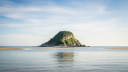 Isolated island, green with layered cliffs, reflected in tranquil waters, bright sunny sky