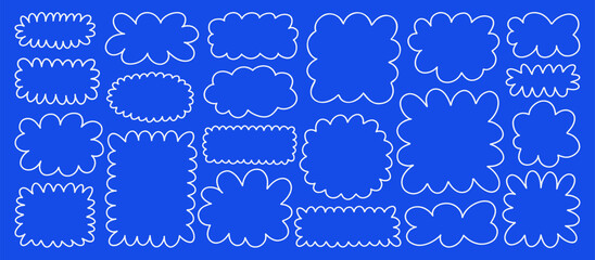 Set of doodle cloud frames and fluffy label shapes with hand drawn outline. Simple cartoon shapes for text, messages, stickers, banners and creative compositions. © bosotochka
