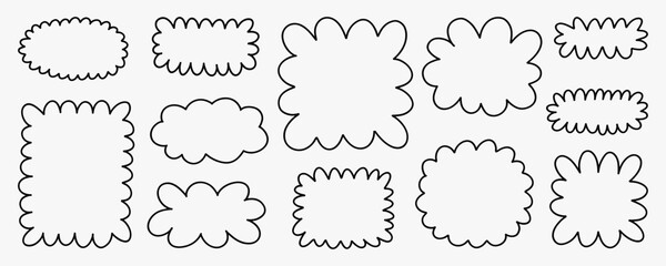 Set of doodle cloud frames and fluffy label shapes with hand drawn outline. Simple cartoon shapes for text, messages, stickers, banners and creative compositions. © bosotochka
