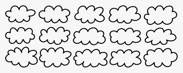 Fototapeta premium Set of doodle cloud frames and fluffy label shapes with hand drawn outline. Simple cartoon shapes for text, messages, stickers, banners and creative compositions.