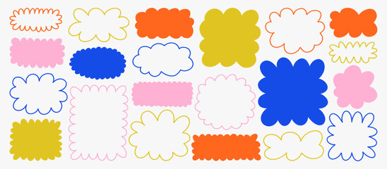 Collection of hand drawn blob and cloud shapes. Simple rounded forms with outline and flat colors. Ideal for UI design, stickers, labels, banners, kids projects and creative layouts.