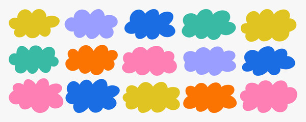 Collection of hand drawn blob and cloud shapes. Simple rounded forms with outline and flat colors. Ideal for UI design, stickers, labels, banners, kids projects and creative layouts. © bosotochka