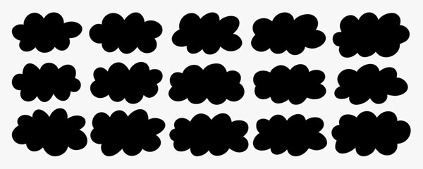 Collection of hand drawn blob and cloud shapes. Simple rounded forms with outline and flat colors. Ideal for UI design, stickers, labels, banners, kids projects and creative layouts. © bosotochka