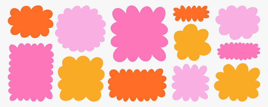 Collection of hand drawn blob and cloud shapes. Simple rounded forms with outline and flat colors. Ideal for UI design, stickers, labels, banners, kids projects and creative layouts.