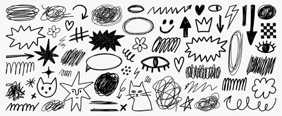 Sketchy doodle elements set in hand drawn style. Expressive lines, messy marks and symbols for graphic design, branding and digital projects.