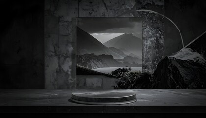 B&W landscape backdrop platform stage w/ mountains, water, and abstract decor