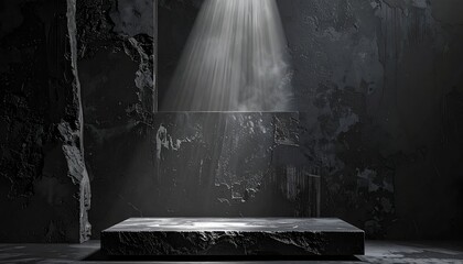 Moody, dark studio scene with stark lighting and a concrete block platform