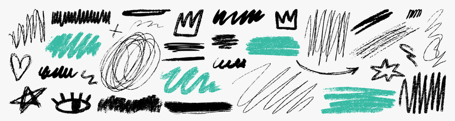 Hand drawn doodle speech bubbles and symbols set in crayon style. Sketchy shapes, hearts and clouds with rough texture, perfect for messages, quotes, highlights and playful graphic design. © bosotochka