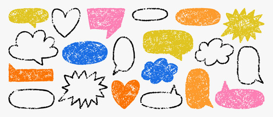 Hand drawn doodle speech bubbles and symbols set in crayon style. Sketchy shapes, hearts and clouds with rough texture, perfect for messages, quotes, highlights and playful graphic design. © bosotochka