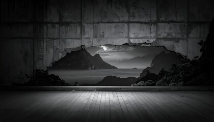 Tropical vista through concrete wall; wooden floor. Gray, calm, serene scene