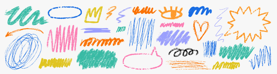 Sketchy doodle elements set in hand drawn style. Expressive lines, messy marks and symbols for graphic design, branding and digital projects. © bosotochka