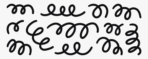 Hand-drawn vector set of abstract curly scribble lines and loops. Playful wavy strokes and spiral doodles for decoration, branding and digital projects. © bosotochka