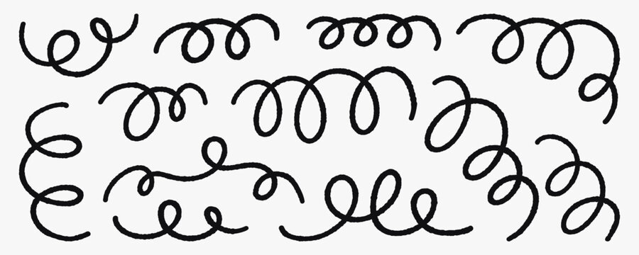Hand-drawn vector set of abstract curly scribble lines and loops. Playful wavy strokes and spiral doodles for decoration, branding and digital projects.
